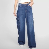 Calça Jeans Grifle Wide Leg Bolsos Cargo Feminina - Azul