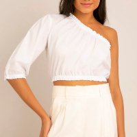 blusa cropped de algodão manga bufante um ombro só branco