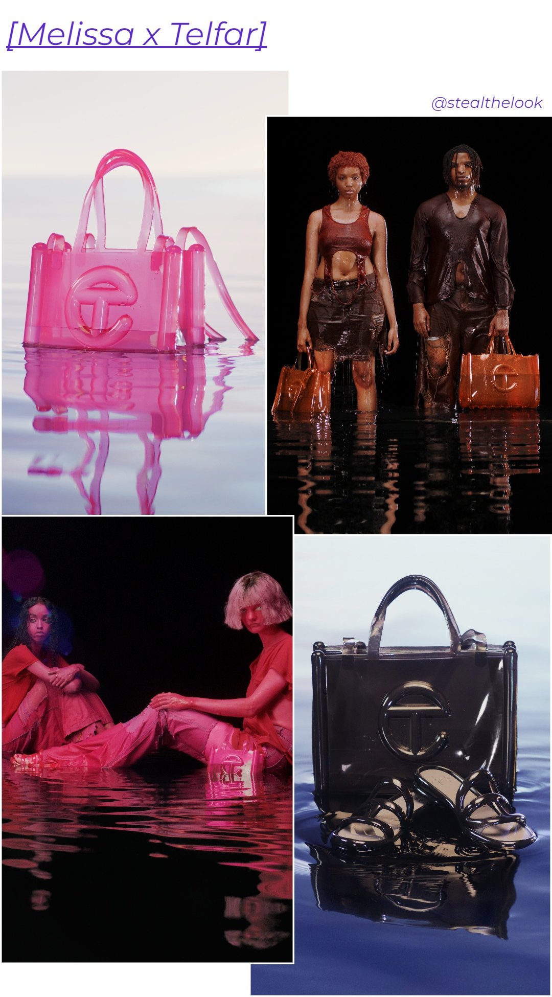 Melissa x Telfar - N/A - lançamentos de moda - inverno - dois modelos negros em pé em um cenário com água usando roupas marrons e segurando bolsas da melissa em plástico - https://stealthelook.com.br