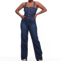 Macacão Longo Jeans Feminino Moda Casual Wide Leg - Azul