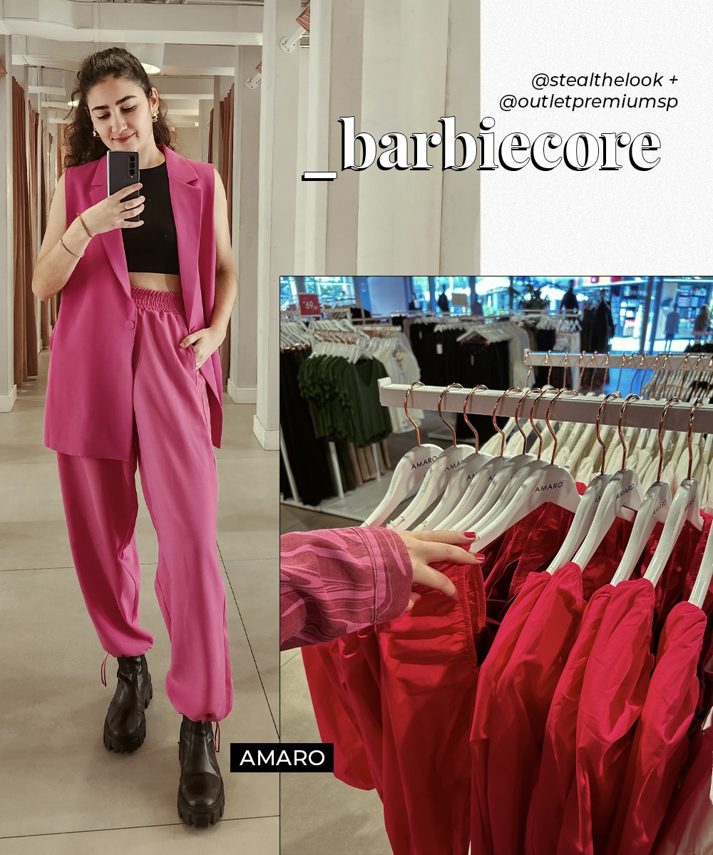 Clara Moura - calça de alfaiataria rosa, top preto, colete rosa e coturnos pretos - tendências de primavera verão - inverno - foto na frente do espelho - <a href=