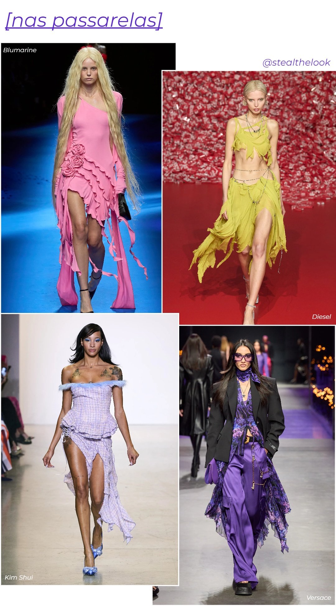 Versace, Blumarine, Kim Shui e Diesel - roupas diversas - tendência Y2K - verão - modelos andando na passarela - https://stealthelook.com.br