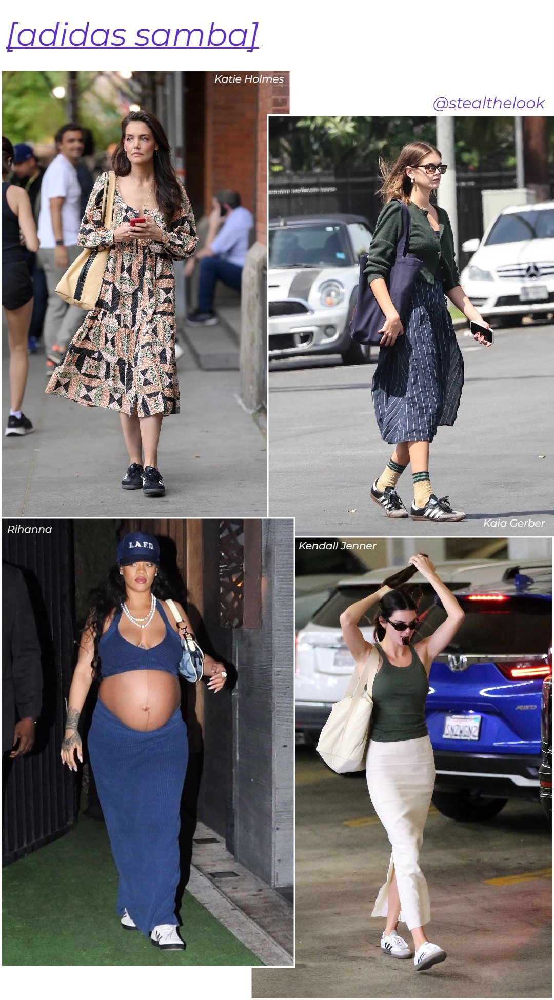 Rihanna, Katie Holmes, Kendall Jenner e Kaia Gerber - looks variados - tendências de verão - verão - colagem com quatro celebridades diferentes - https://stealthelook.com.br