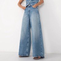 calça jeans wide leg cintura média azul médio