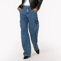 calça jeans reta cargo cintura super alta azul escuro