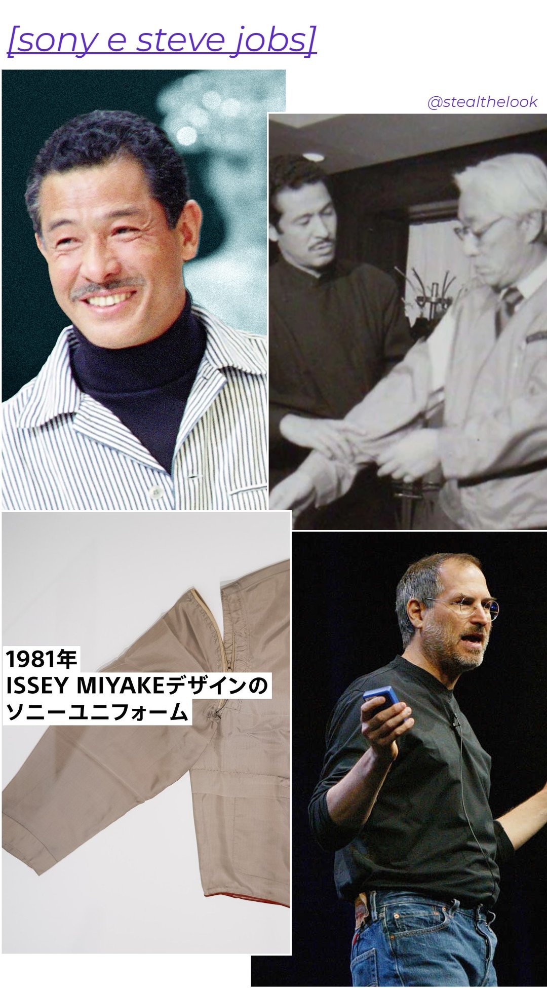 Issey Miyake, Akio Morita e Steve Jobs - roupas diversas - asiáticos na moda - inverno - colagem de imagens - https://stealthelook.com.br