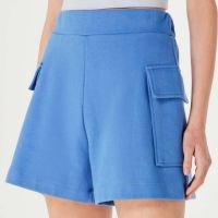 Shorts Básico Em Moletom Feminino Com Bolsos Cintura Alta - Azul