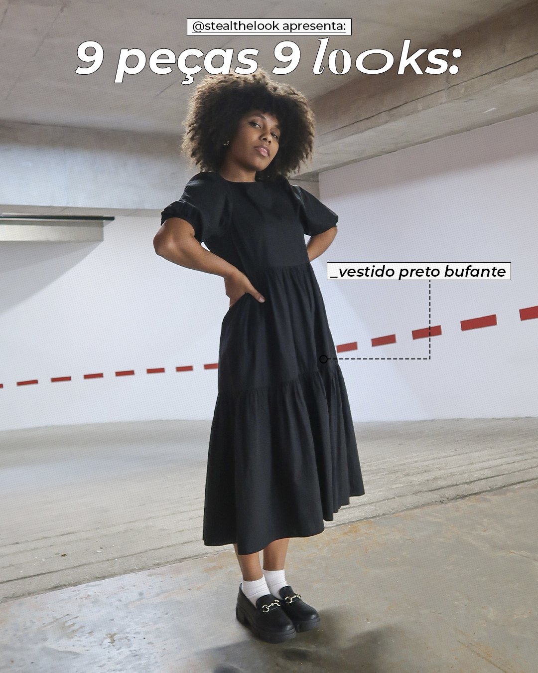Clau Ribeiro - vestido preto midi bufante e mocassim preto - looks básicos - verão - mulher negra parada em pé em uma garagem - https://stealthelook.com.br