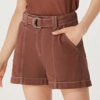 Shorts Feminino Em Sarja Cintura Alta - Marrom