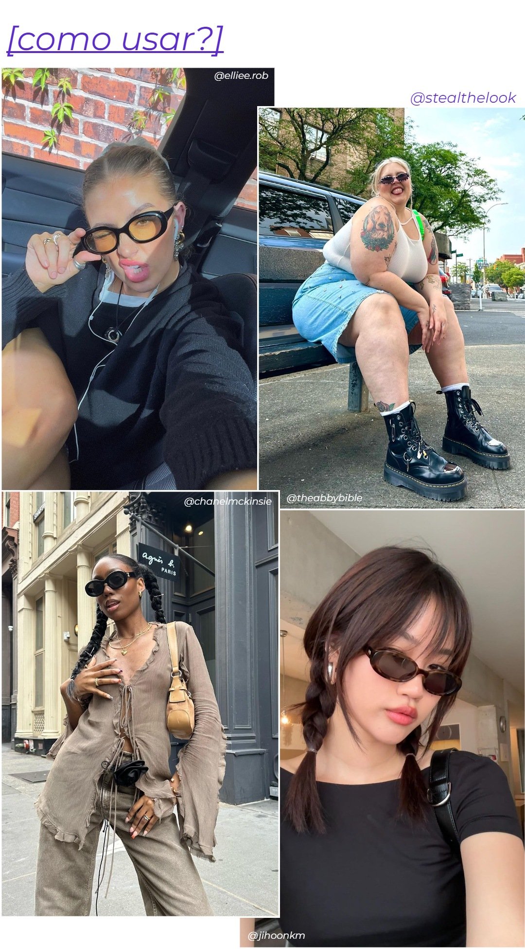 Ellie Robinson, Jihoon Kim, Chanel McKinsie e Abby Bible - roupas diversas - óculos oval - verão - colagem de imagens - https://stealthelook.com.br