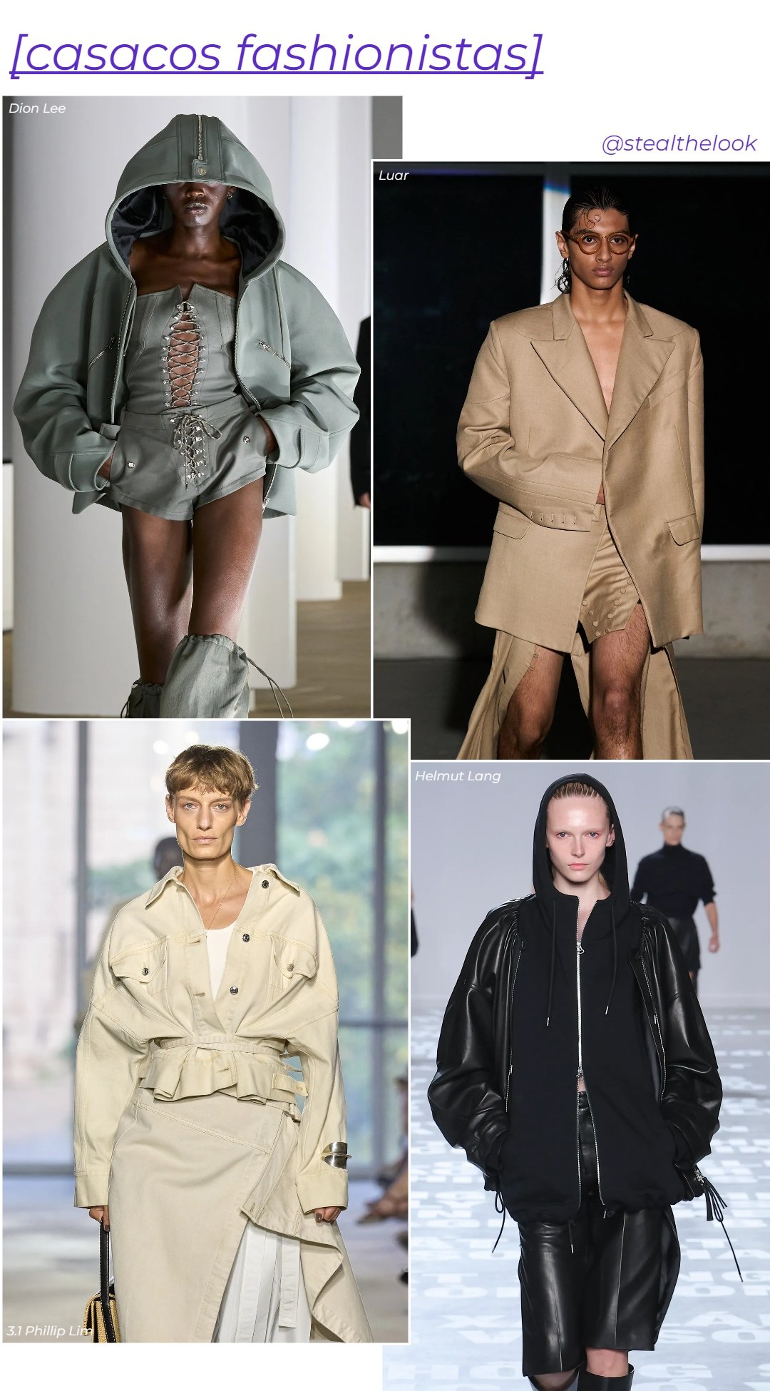 3.1 Phillip Lim, Dion Lee, Helmut Lang e Luar - roupas diversas - verão 2024 - primavera - colagem de imagens - https://stealthelook.com.br