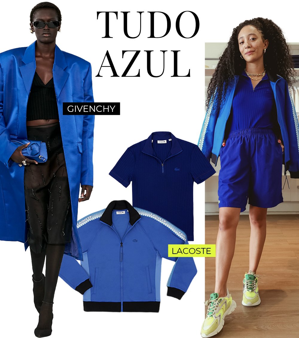 tendência do azul klein - shorts azul, polo azul e jaqueta azul - verão 2024 - verão - colagem de imagens - https://stealthelook.com.br