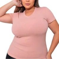 Blusa Básica Feminina Plus Size Decote V Baby Look T-Shirt Lisa - Rosa