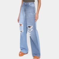 Calça Jeans Grifle Wide Leg Rasgada Feminina - Azul