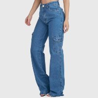 Calça Jeans HNO Jeans Wide Leg Cargo Bolso Lateral Azul