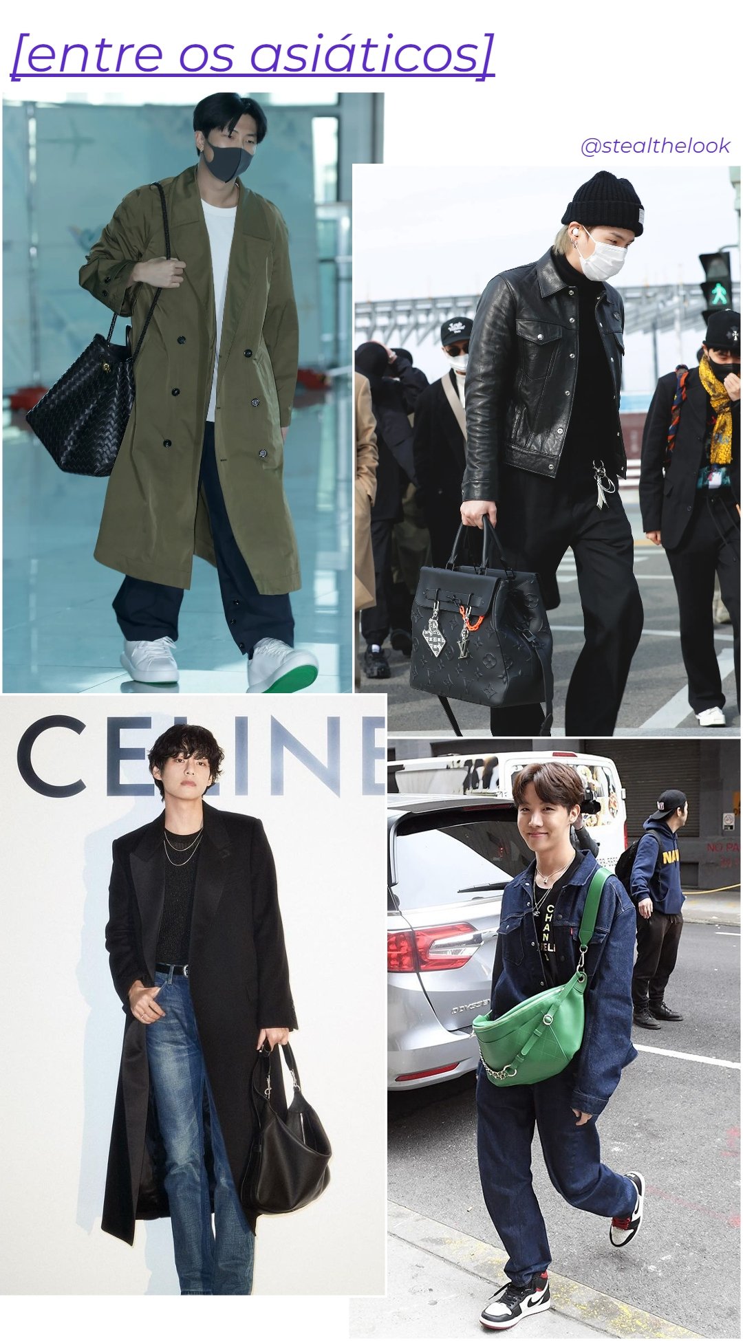 Asiáticos - roupas diversas - homens usando bolsas - inverno - colagem de imagens - https://stealthelook.com.br