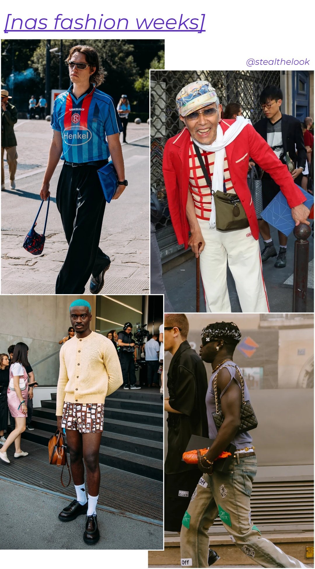 homens  - roupas diversas - homens usando bolsas - verão - colagem de imagens - https://stealthelook.com.br