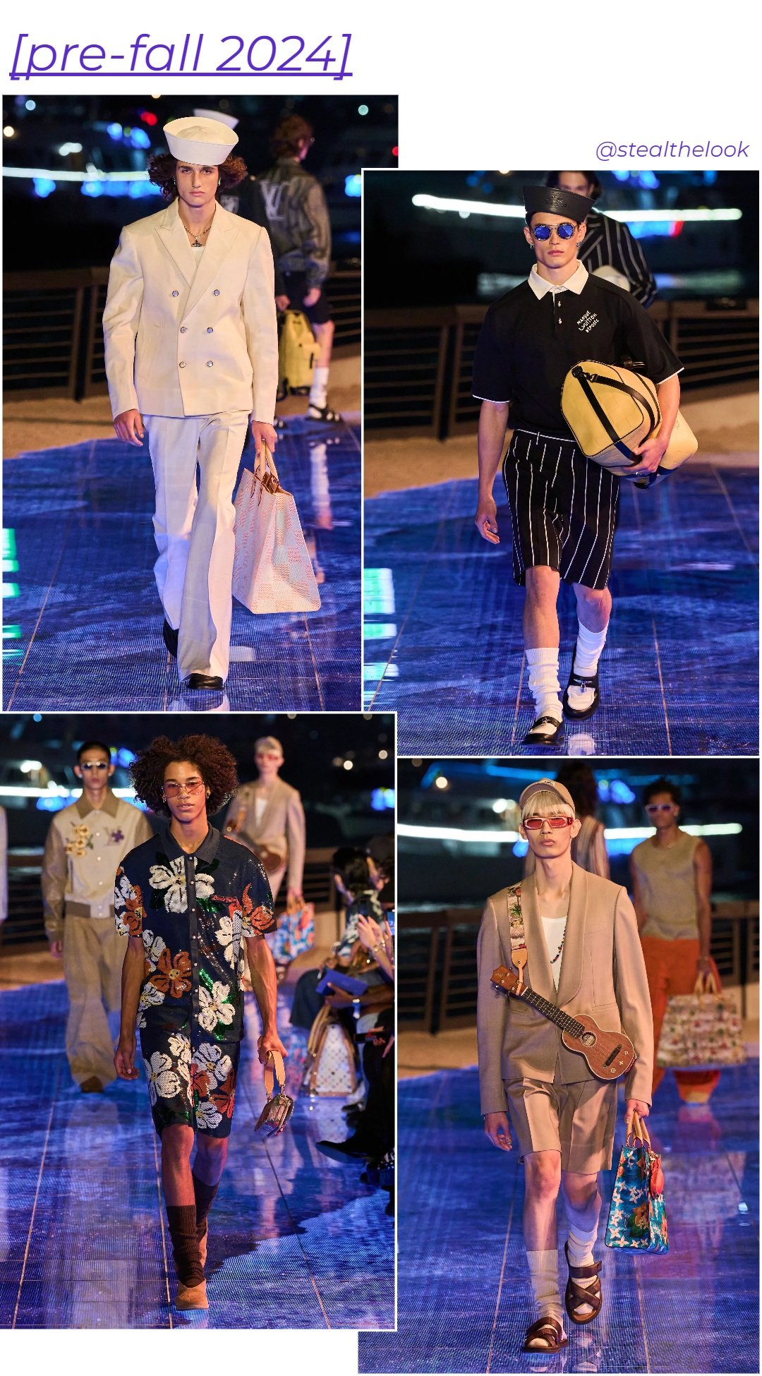 Coleção pre-fall 2024 Louis Vuitton - roupas diversas - Pharrell Williams - outono - colagem com 4 fotos diferentes da modelo andando - https://stealthelook.com.br