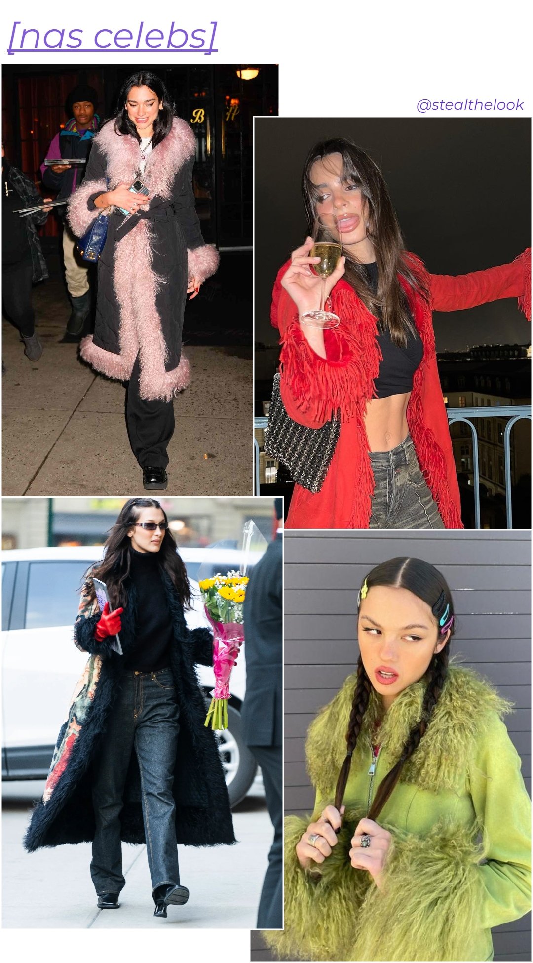 Dua Lipa, Olivia Rodrigo, Bella Hadid e Emily Ratajkowski - roupas diversas - tendência do inverno 2024 - inverno - colagem de imagens - https://stealthelook.com.br