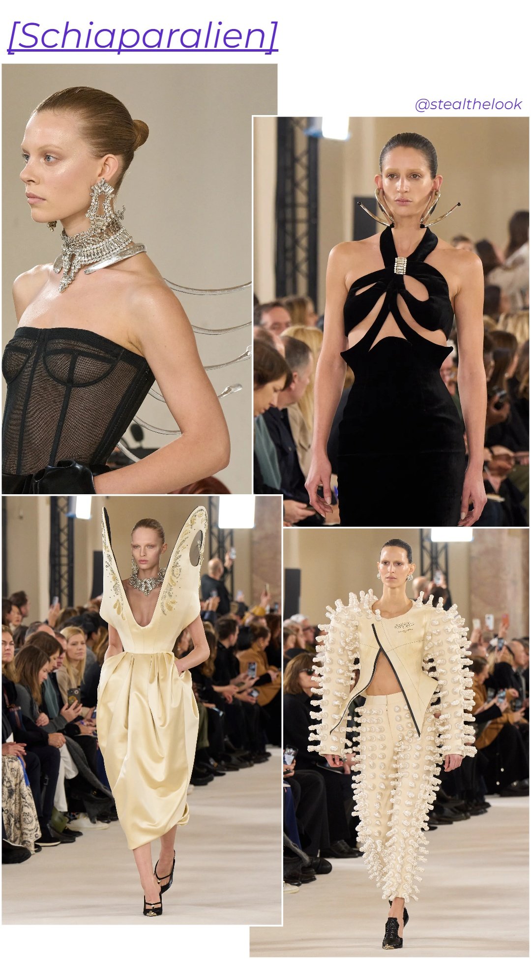 Schiaparelli S/S 2024 - roupas diversas - Schiaparelli - primavera - colagem com 4 fotos diferentes da modelo andando - https://stealthelook.com.br