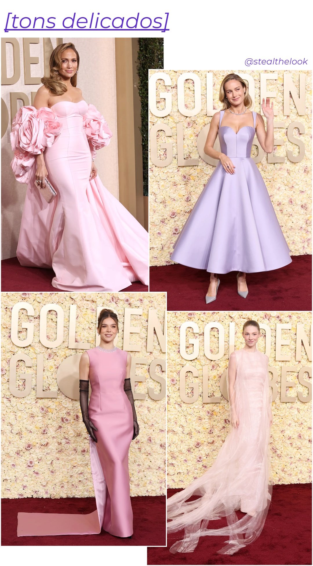 Brie Larson, Jennifer Lopez, Hailee Steinfeld e Hunter Schafer - roupas diversas - cores tendência - primavera - colagem de imagens - https://stealthelook.com.br