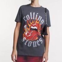 Camiseta Alongada Em Meia Malha Com Estampa Rolling Stones Cinza