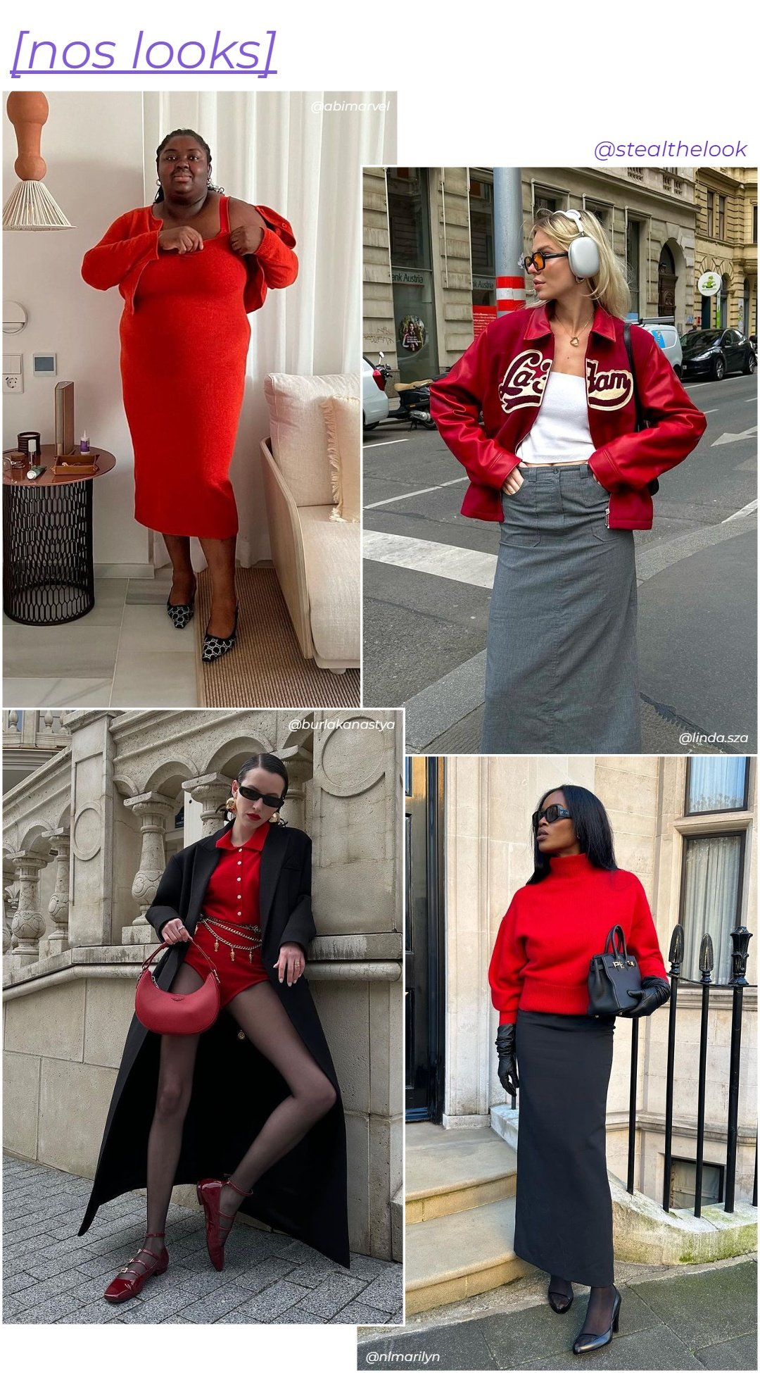 Abisola Omole, Nastya Burlaka, @linda.sza e Ellie Delphine - roupas vermelhas diversas - cor tendência - primavera - colagem de imagens - https://stealthelook.com.br