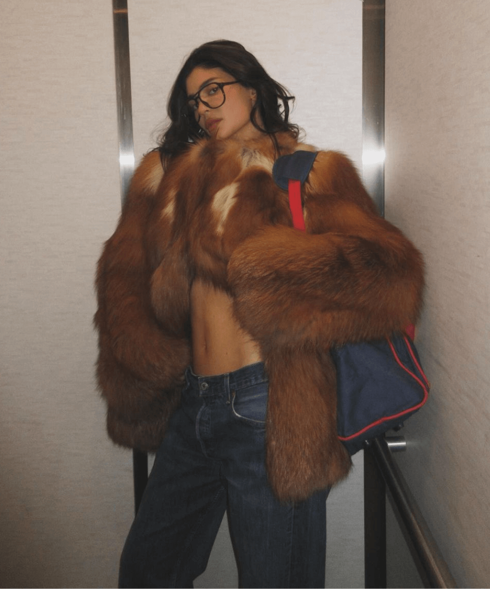 Kylie Jenner - calça jeans, casaco de pelo  - casaco de inverno - inverno - mulher em pé em frente a uma parede - https://stealthelook.com.br