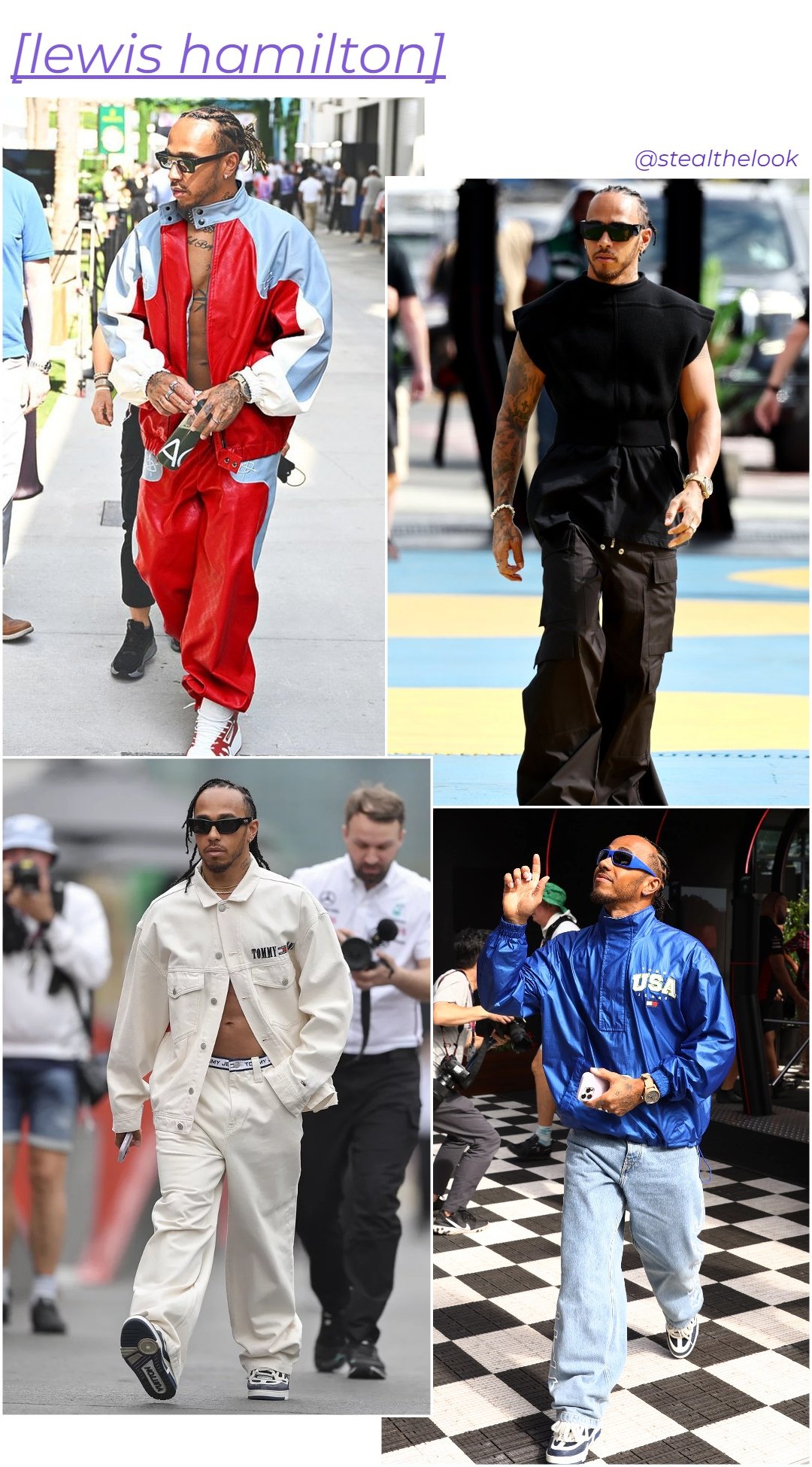 Lewis Hamilton - roupas diversas - Fórmula 1 - verão - colagem de imagens - https://stealthelook.com.br