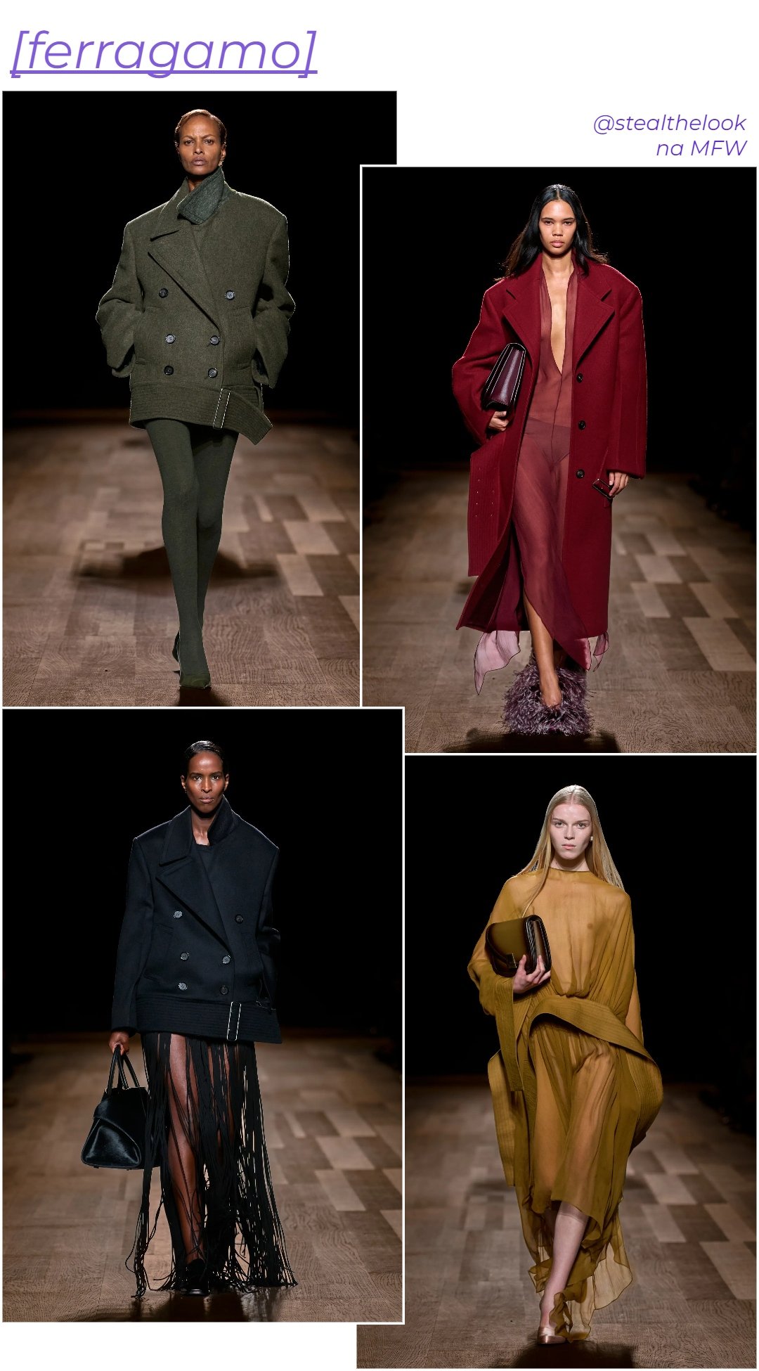 Ferragamo A/W 2024 - roupas diversas - Semana de moda de Milão - inverno - colagem com 4 fotos diferentes da modelo andando - https://stealthelook.com.br