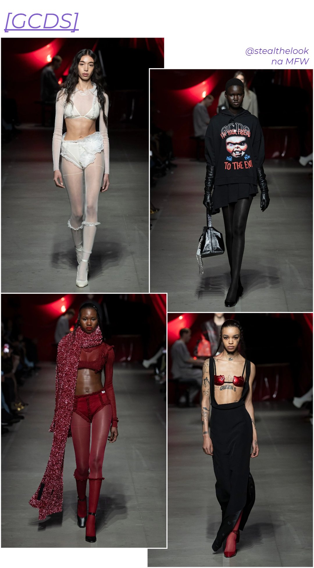 GCDS A/W 2024 - roupas diversas - Semana de moda de Milão - inverno - colagem de imagens com quatro mulheres diferentes - https://stealthelook.com.br
