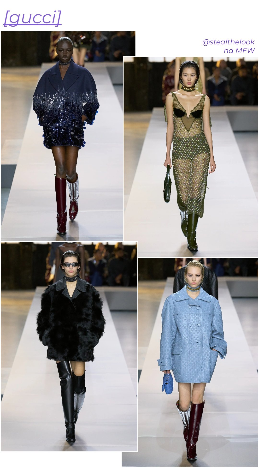 Desfile Gucci A/W 2024 - roupas diversas - Semana de moda de Milão - inverno - colagem com 4 fotos diferentes da modelo andando - https://stealthelook.com.br