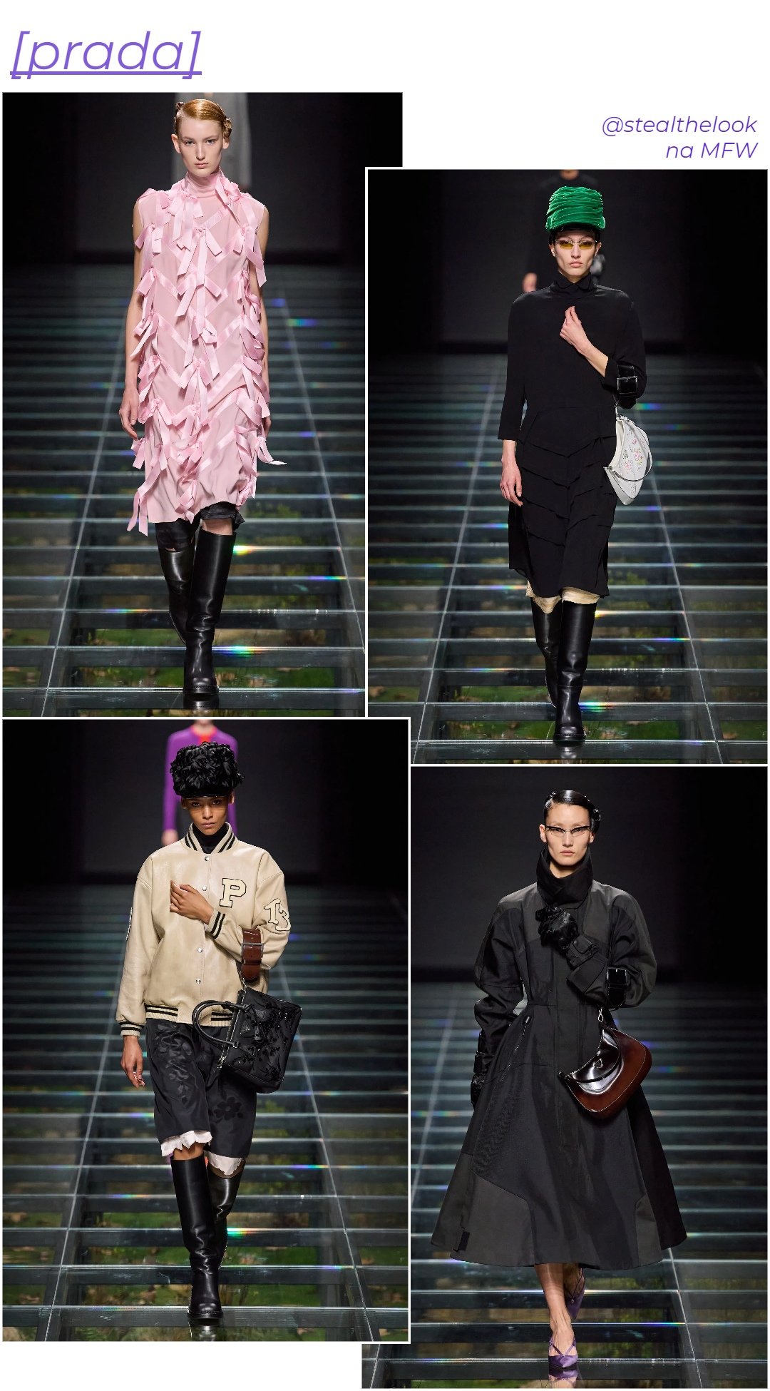 Desfile Prada F/W 2024 - roupas diversas - Semana de moda de Milão - inverno - colagem com 4 fotos diferentes da modelo andando - https://stealthelook.com.br