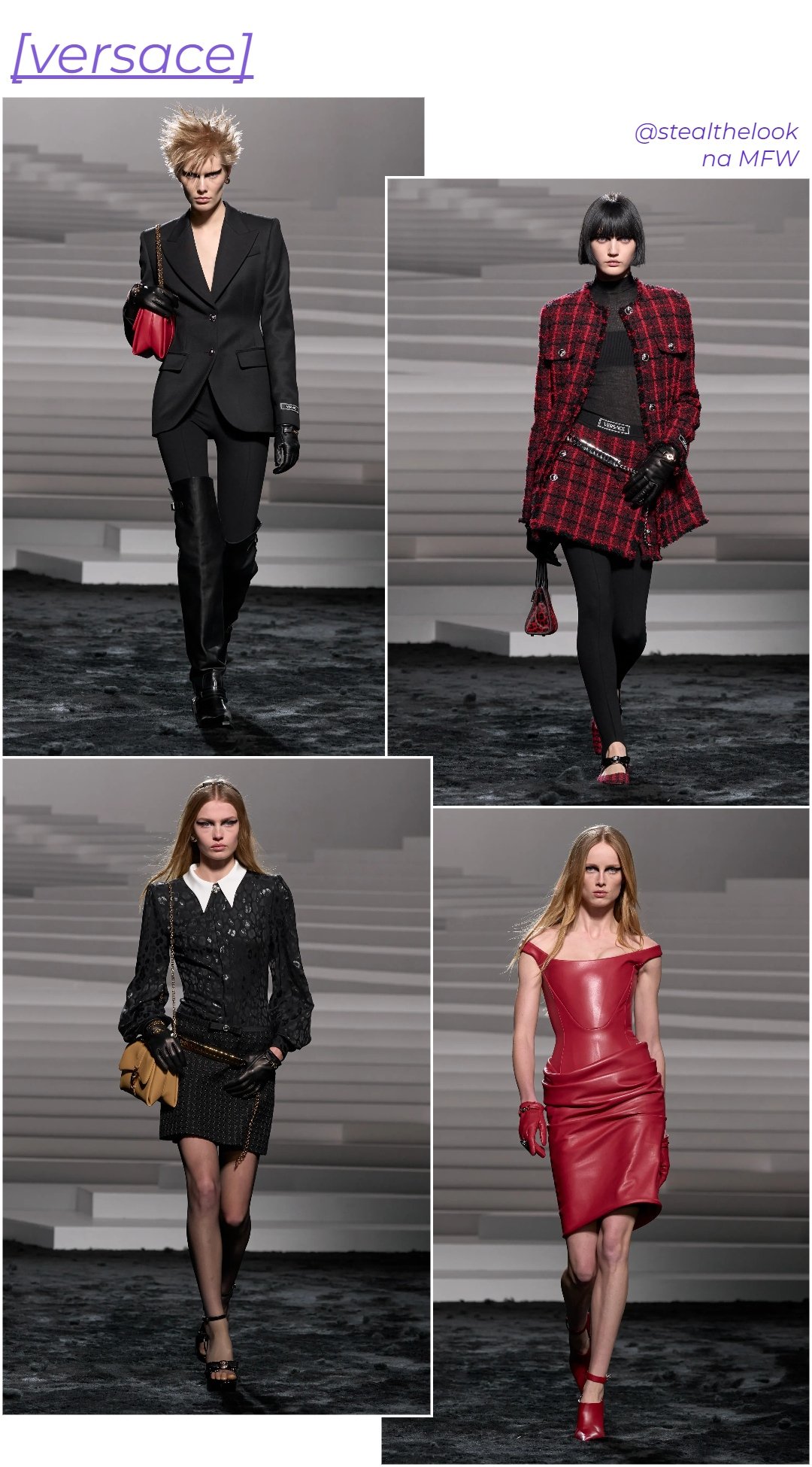 Versace A/W 2024 - roupas diversas - Semana de moda de Milão - inverno - colagem com 4 fotos diferentes da modelo andando - https://stealthelook.com.br
