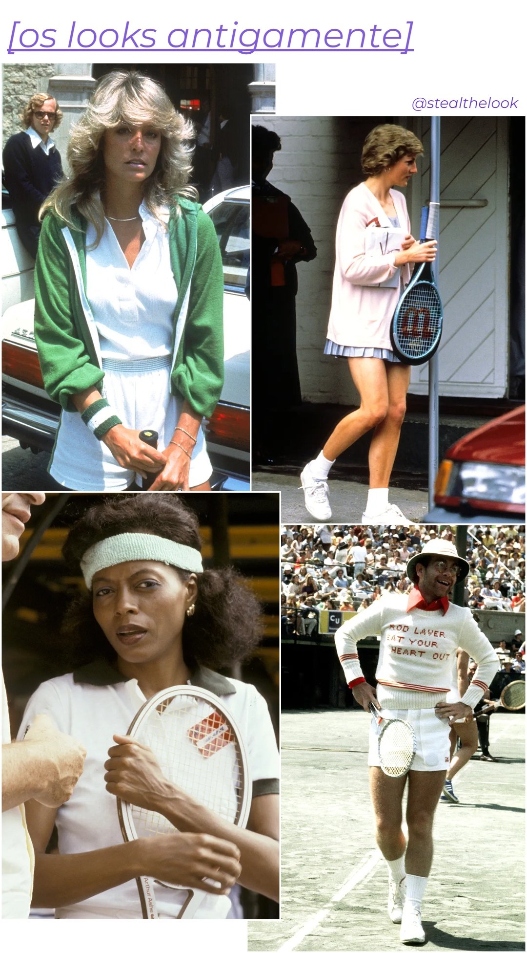 Farrah Fawcett, Princesa Diana, Diana Ross e Elton John - roupas diversas - Moda e tênis - verão - colagem de imagens - https://stealthelook.com.br