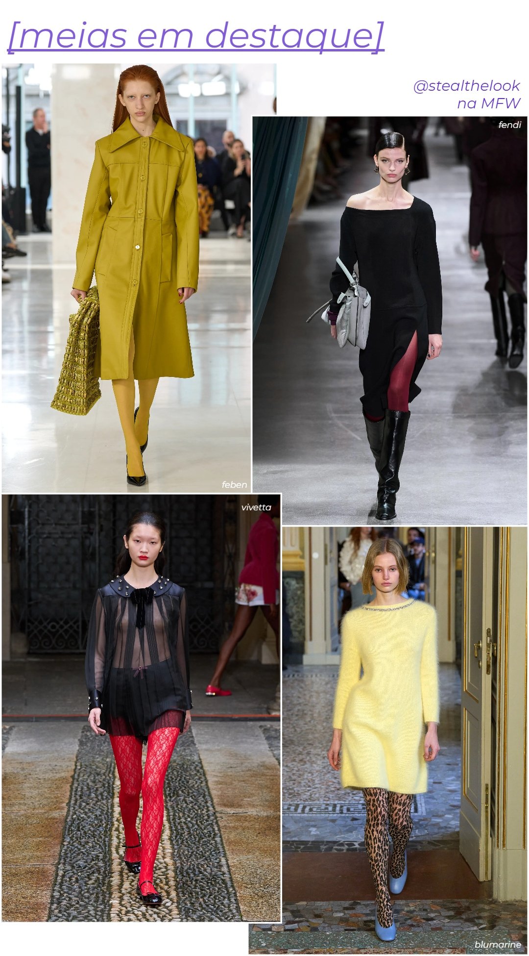 Feben, Fendi, Blumarine e Vivetta - roupas diversas - tendência de 2024 - inverno - colagem com 4 fotos diferentes da modelo andando - https://stealthelook.com.br