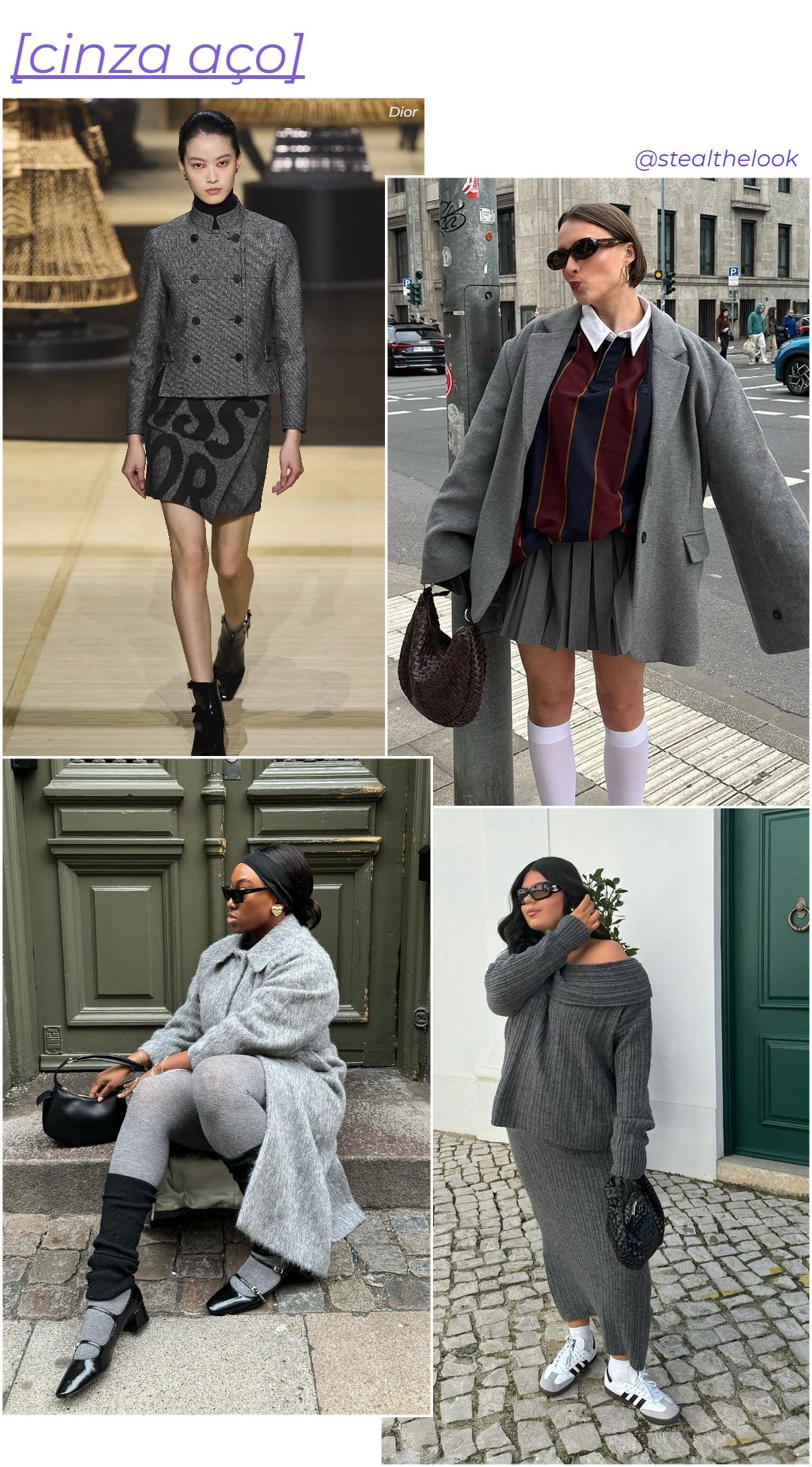 Christian Dior, @lara_bsmnn, Freya Broni e @nnennaechem - roupas diversas em tons de cinza - cores tendência - inverno - colagem de imagens - https://stealthelook.com.br