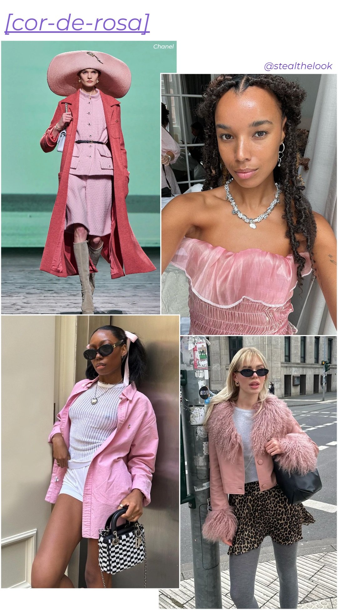 Chanel, @linda.sza, @fiahamelijnck e Chanel McKinsie - roupas diversas em tons de rosa - cores tendência - inverno - colagem de imagens - https://stealthelook.com.br