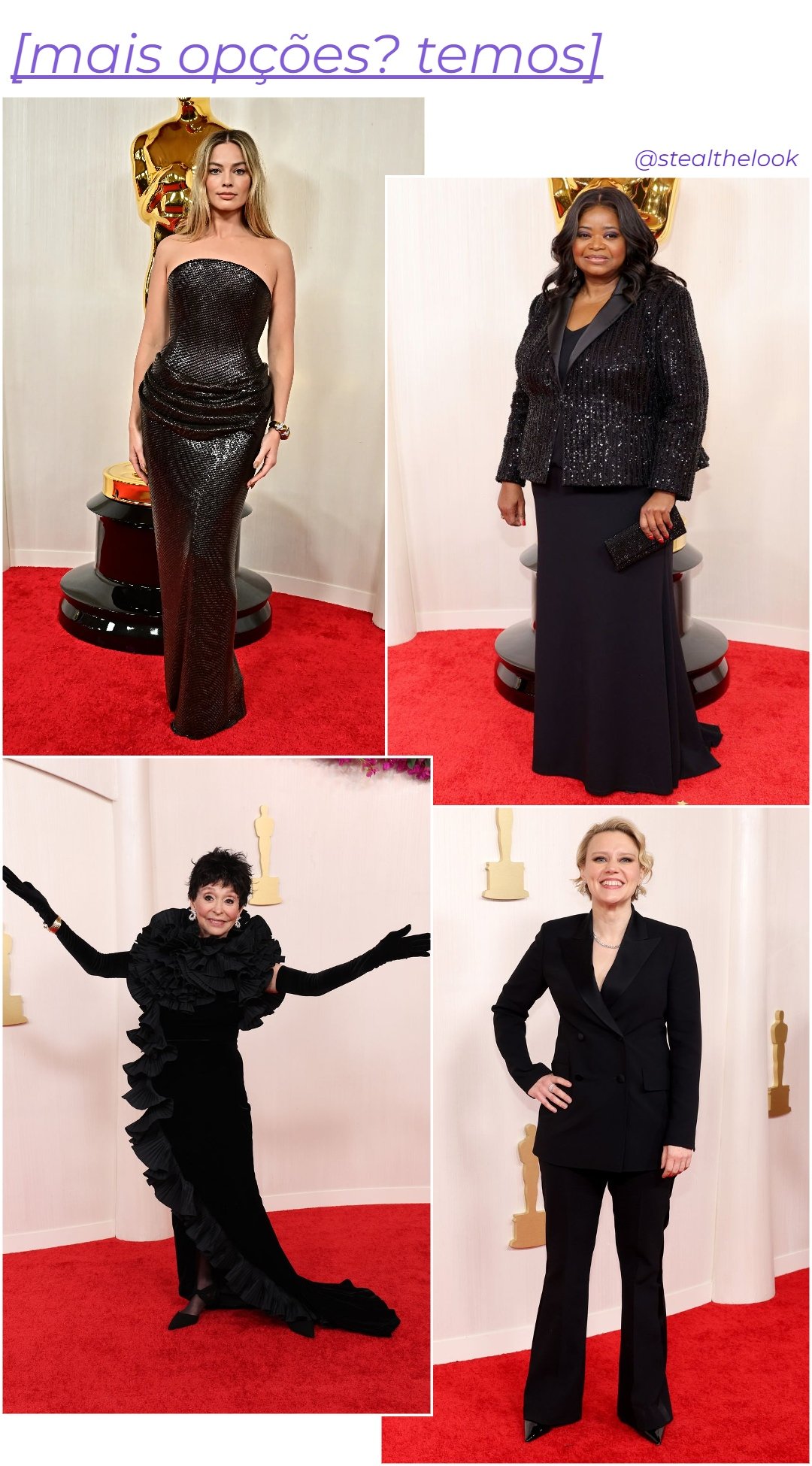 Margot Robbie, Octavia Spencer, Rita Moreno e Kate McKinnon - roupas diversas pretas - Vestido preto - inverno - colagem de imagens - https://stealthelook.com.br