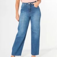 Calça Wide Leg Jeans Feminina Reta Com Bolso Cintura Alta - Azul