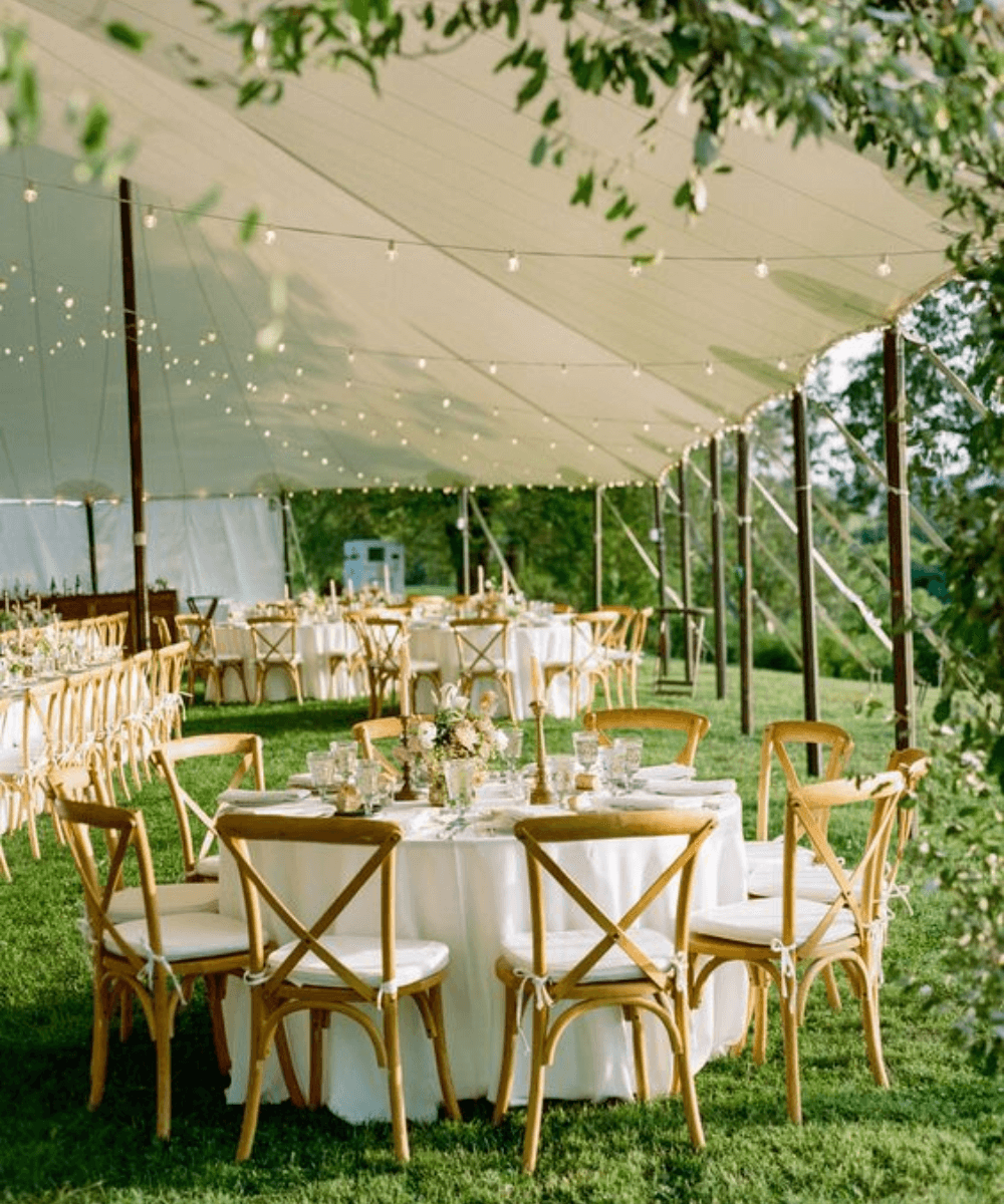 Decoração de casamento - N/A - casamento intimista ao ar livre - verão - a foto mostra a decoração de um casamento em um jardim com mesas, tenda e varões de luz - https://stealthelook.com.br