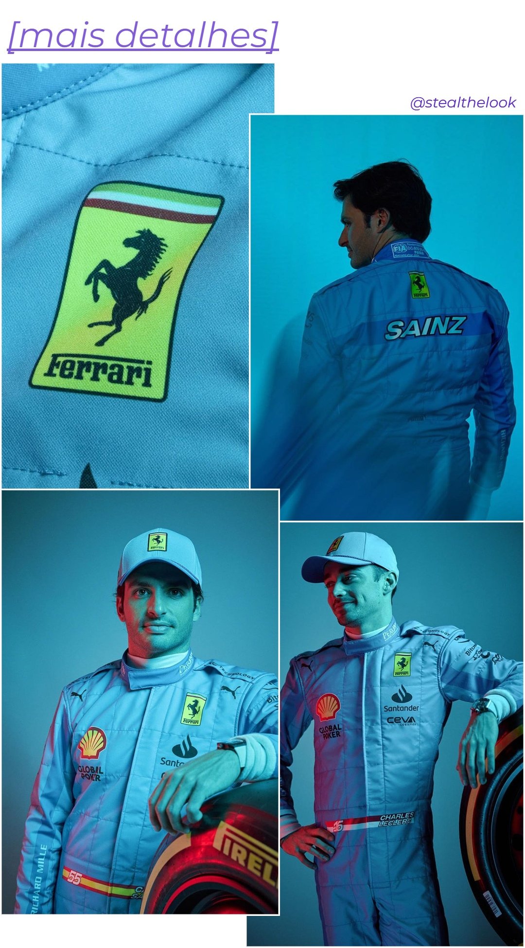 Charles Leclerc e Carlos Sainz - macacão azul de corrida - Ferrari Azul - outono - dois homens parados em pé em uma colagem com 4 fotos diferentes - https://stealthelook.com.br