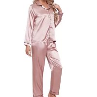 Pijama Americano Feminino Cetim de Seda Calça e Manga Cumprida com bolso e