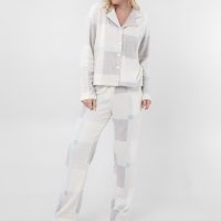 Pijama longo feminino americano fleece geométrico off-white
