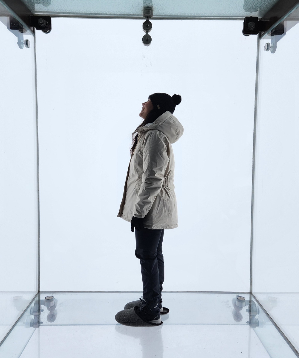 Iza Suzuki - roupas de neve - neve - inverno - mulher de lado em pé em uma plataforma de vidro - https://stealthelook.com.br