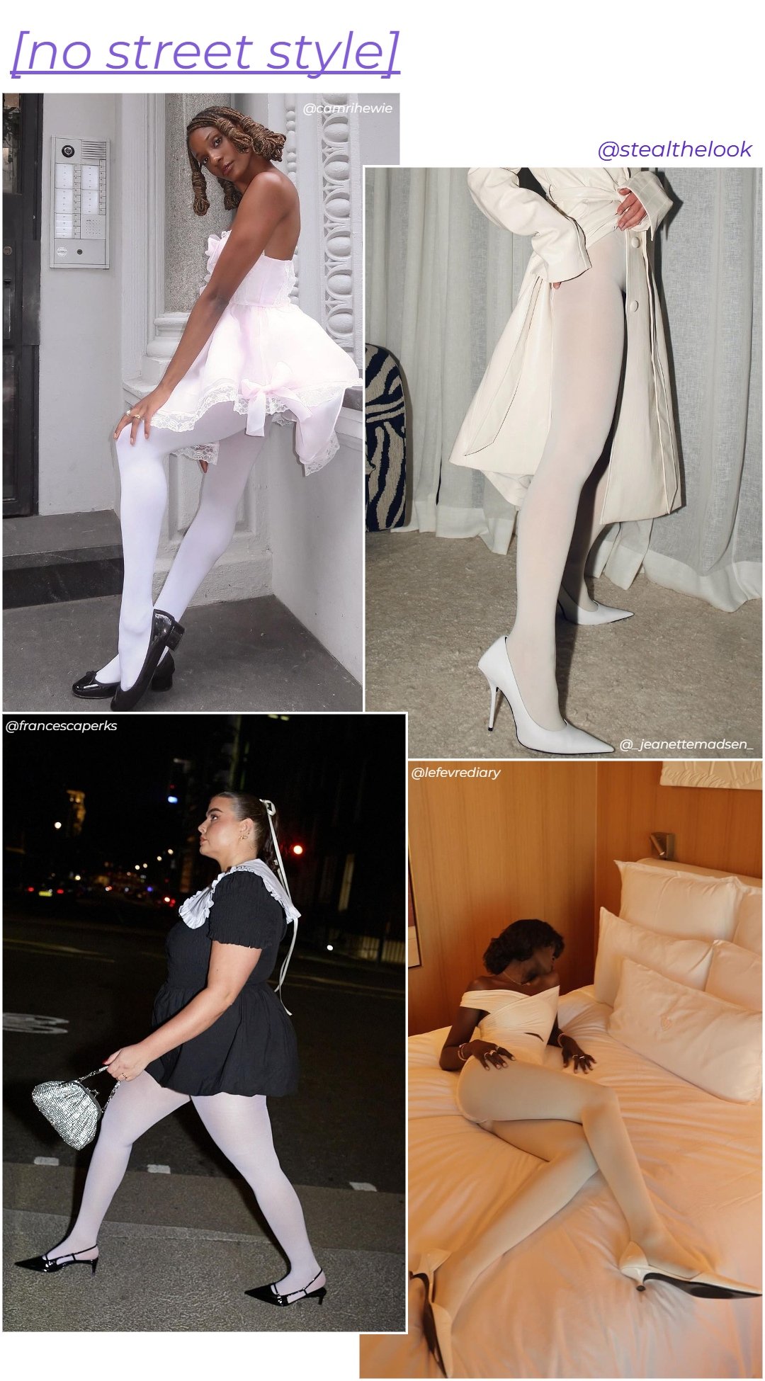 N/A - roupas diversas - meia-calça branca - inverno - colagem com 4 fotos diferentes  - https://stealthelook.com.br