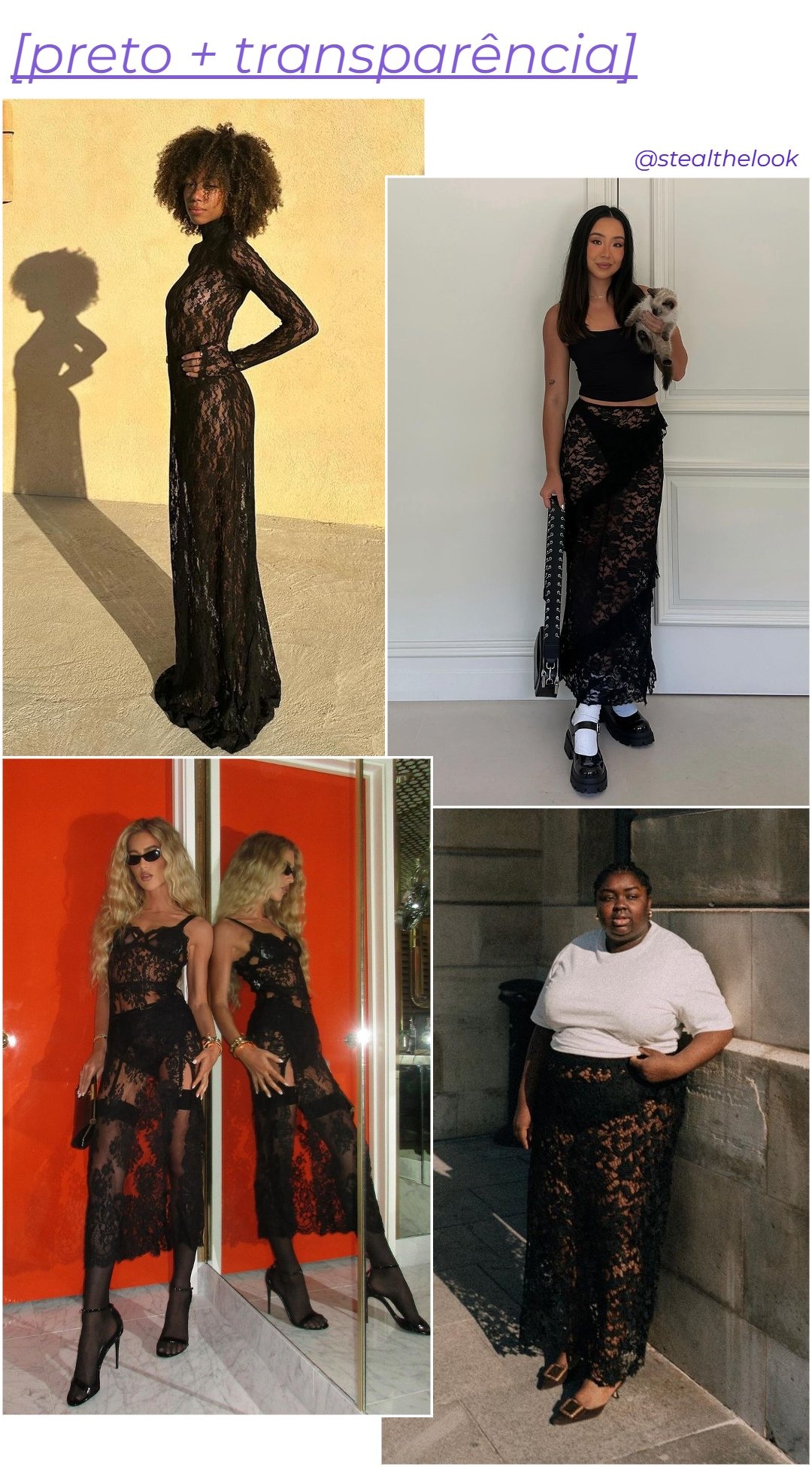 Emili Sindlev, Abisola Omole, Kristy Who e Amaka Hamelijnck - roupas pretas diversas - looks transparentes - verão - colagem de imagens - https://stealthelook.com.br