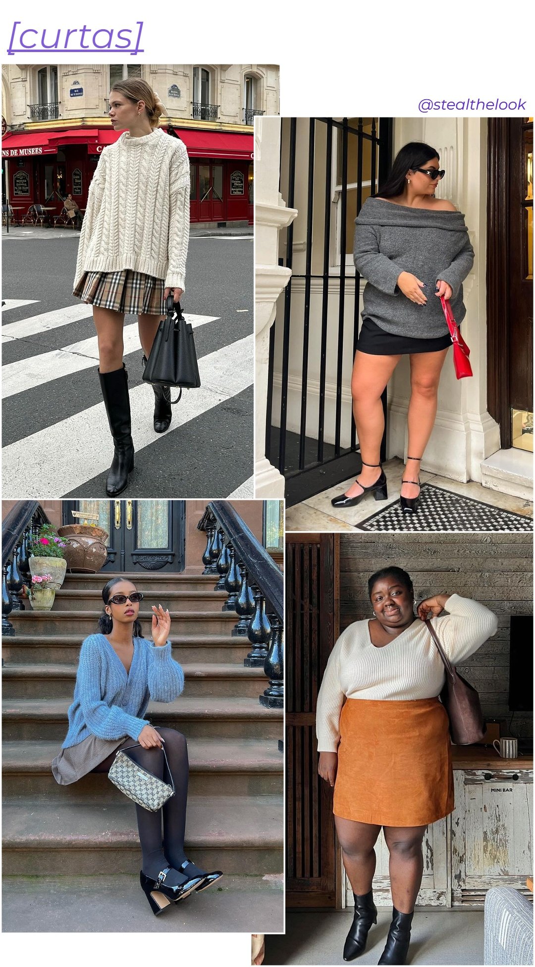 @elodieromy, @iamsamiira, @abimarvel e @freyabroni - roupas diversas - saia de inverno - inverno - colagem com 4 fotos diferentes de mulheres de diferentes etnias e corpos - https://stealthelook.com.br