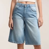 Bermuda Jorts Baggy Em Jeans Com Lavagem Destroyer Azul