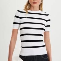 Blusa em Tricô com Estampa Listrada Branco Neve/Preto 2 Blusa em Tricô com